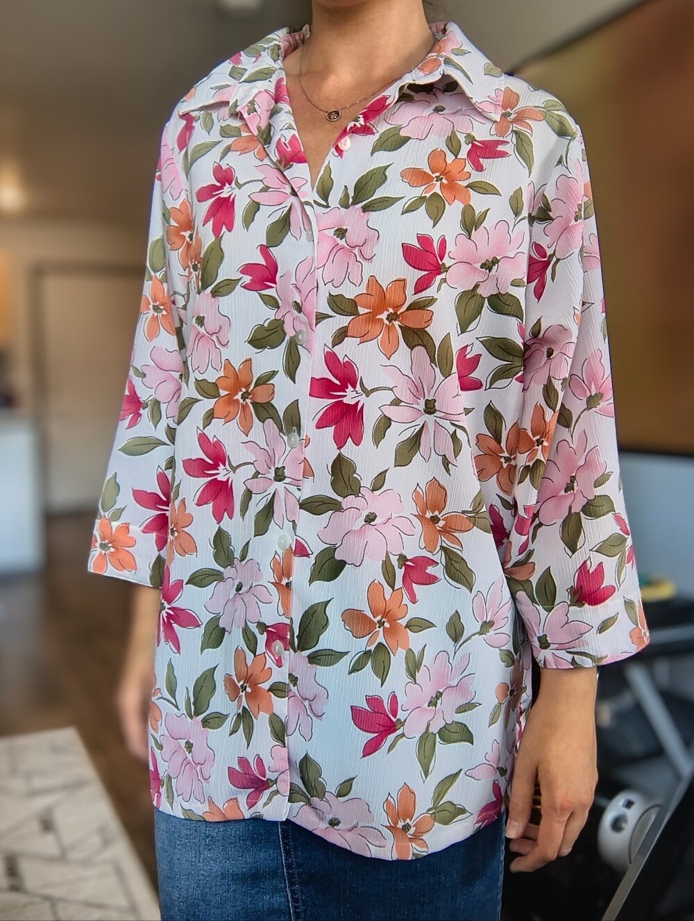 Bon Worth Multi Pink Orange Floral Collared Button-Down Blouse Office